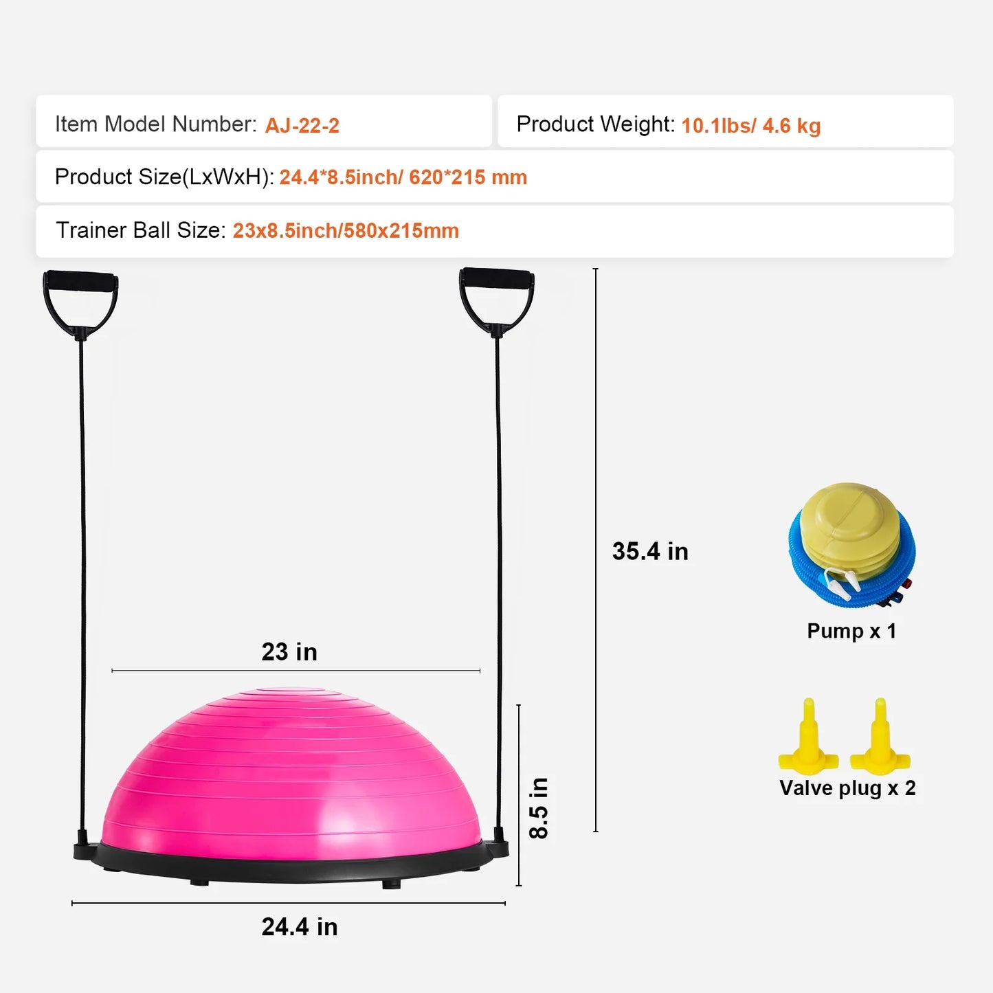 Entrenador De Media Bola De Equilibrio, Bola De Estabilidad De 23 Pulgadas Con Un Límite De Peso De 660 Libras, Incluye Bandas De Resistencia Y Bomba Para El Pie Para Una Experiencia Integral En El Gimnasio En Casa, Ideal Para Fitness De Cuerpo Completo, Rosa