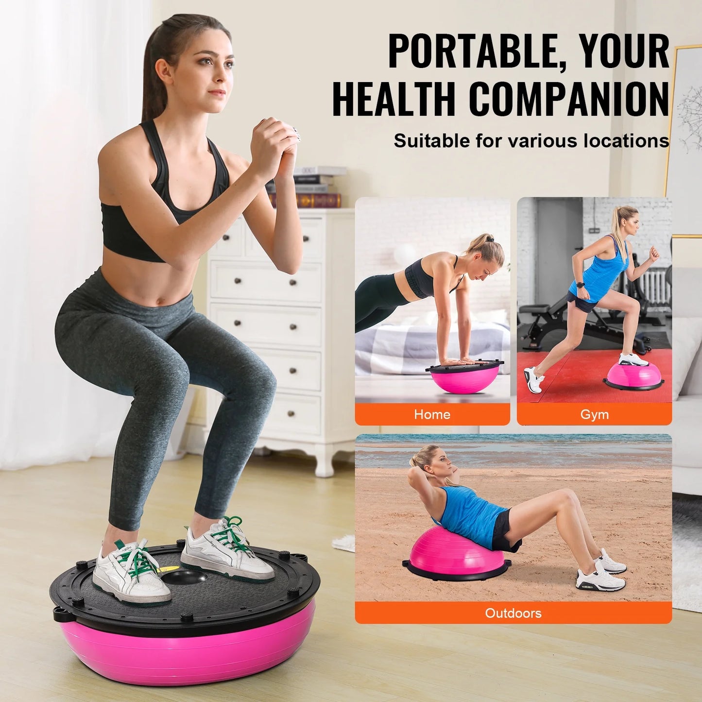 Entrenador De Media Bola De Equilibrio, Bola De Estabilidad De 23 Pulgadas Con Un Límite De Peso De 660 Libras, Incluye Bandas De Resistencia Y Bomba Para El Pie Para Una Experiencia Integral En El Gimnasio En Casa, Ideal Para Fitness De Cuerpo Completo, Rosa