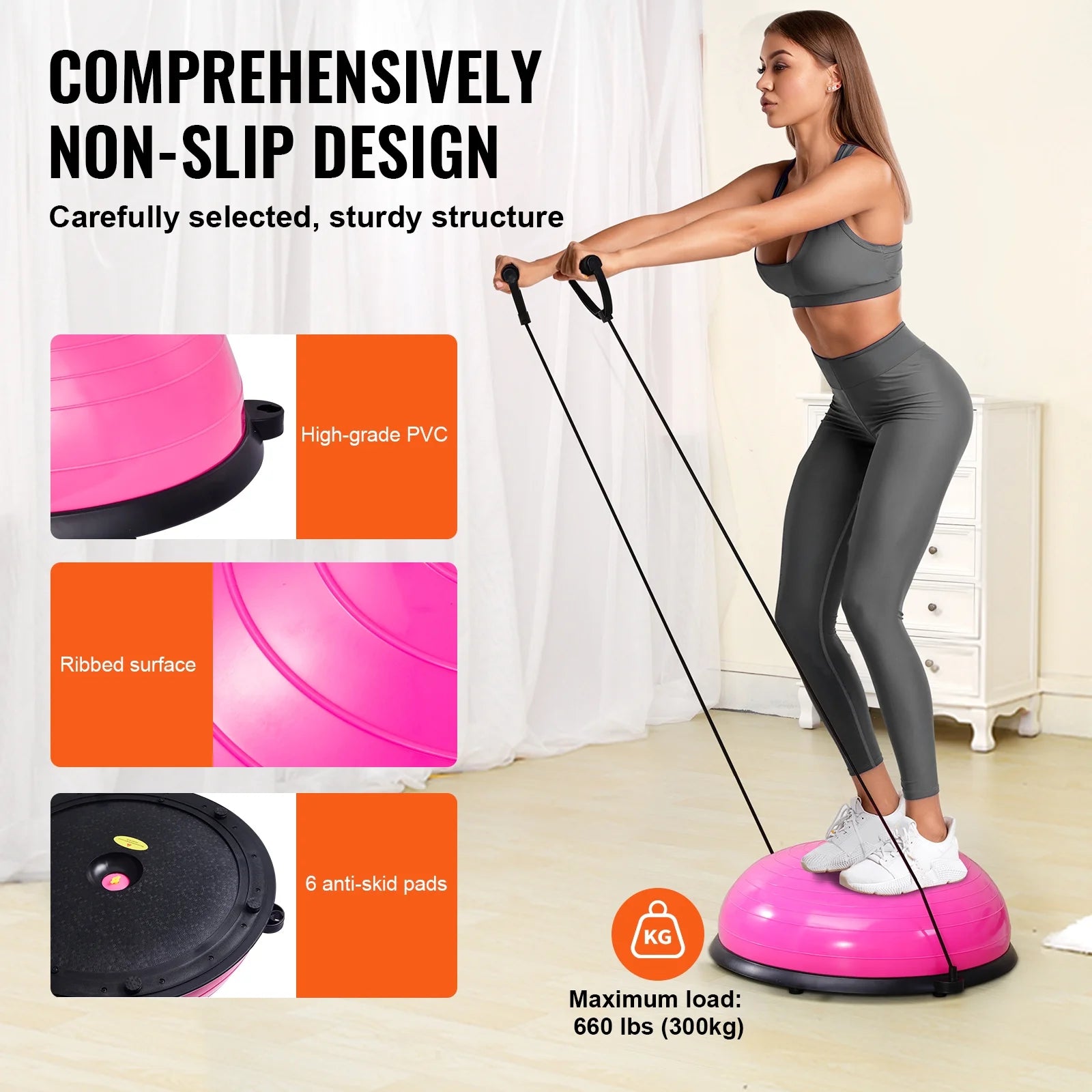 Entrenador De Media Bola De Equilibrio, Bola De Estabilidad De 23 Pulgadas Con Un Límite De Peso De 660 Libras, Incluye Bandas De Resistencia Y Bomba Para El Pie Para Una Experiencia Integral En El Gimnasio En Casa, Ideal Para Fitness De Cuerpo Completo, Rosa